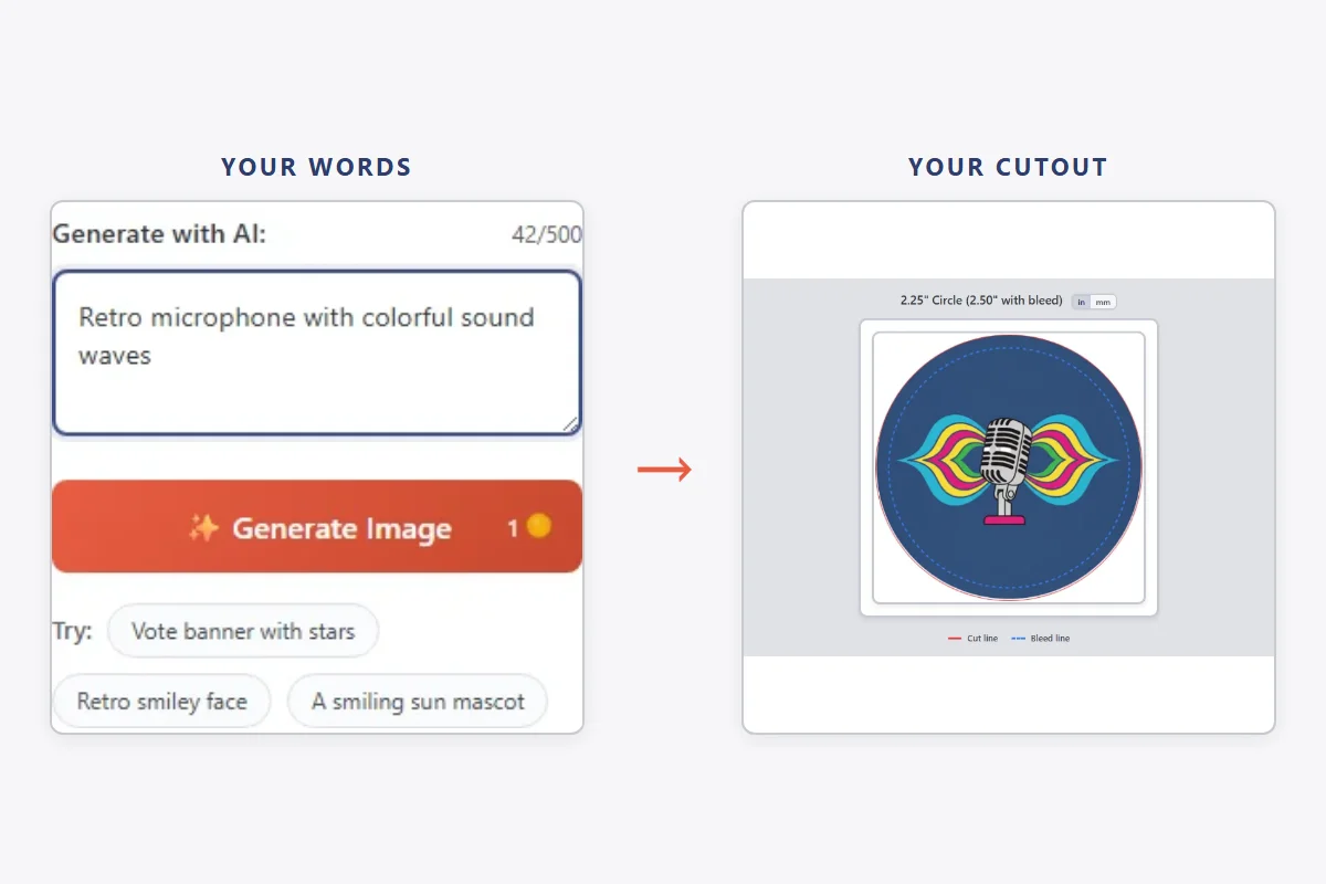 A text prompt on the left and the design AI generated from it on the right