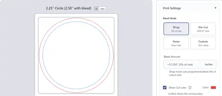Automatic bleed calculation showing the bleed ring visualization