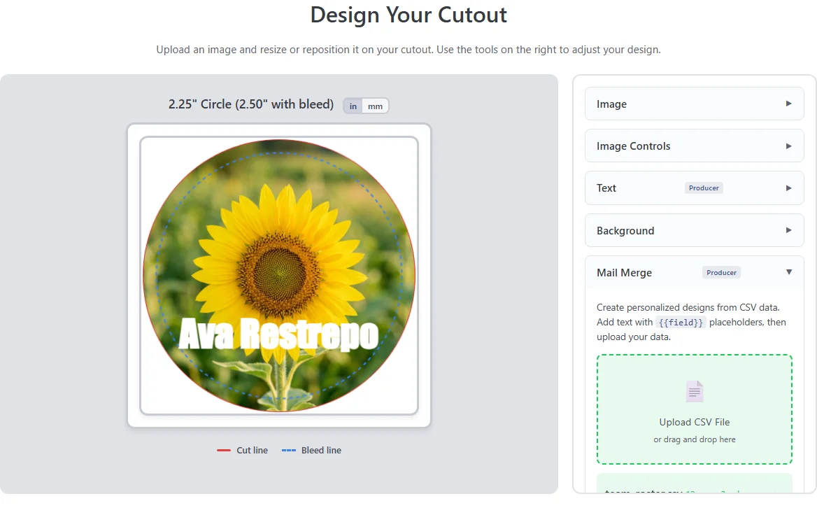 A design previewing a name merged from an uploaded CSV roster