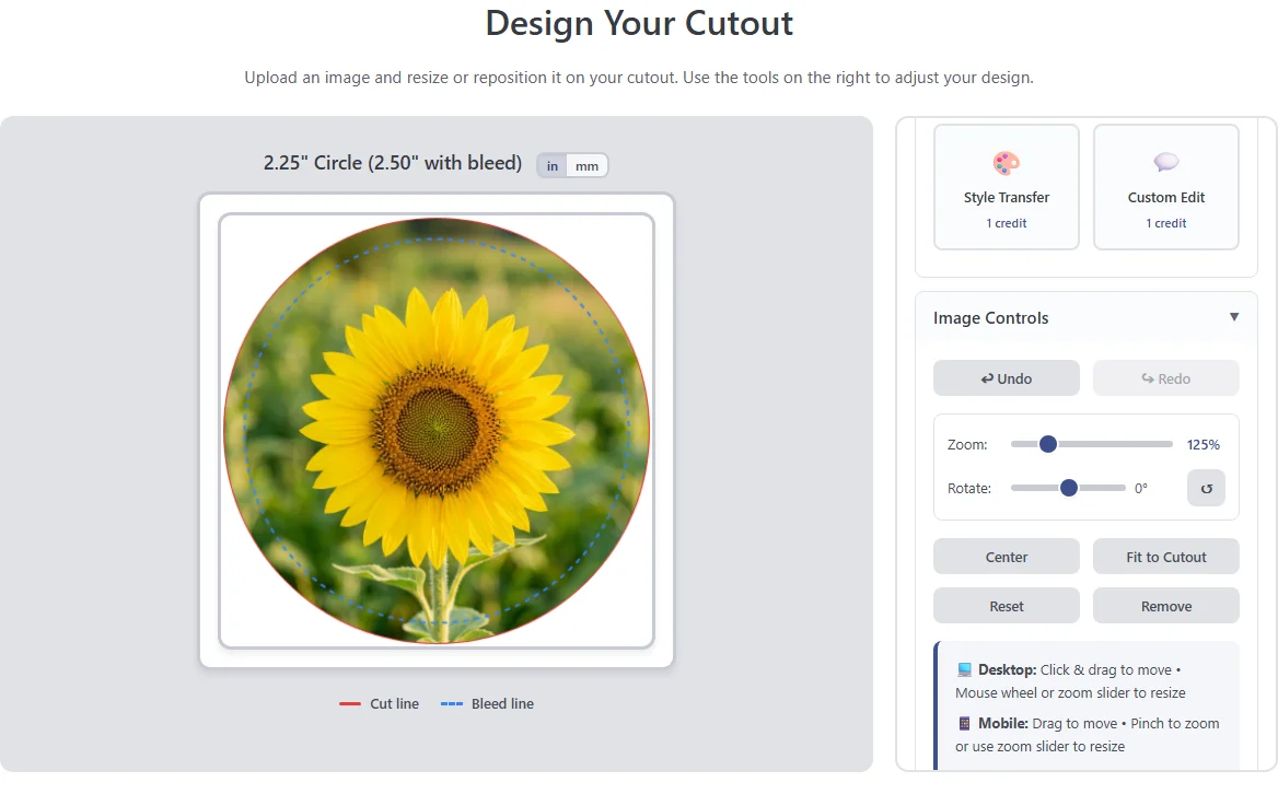 The design canvas with safe and bleed guides beside the zoom and rotate controls