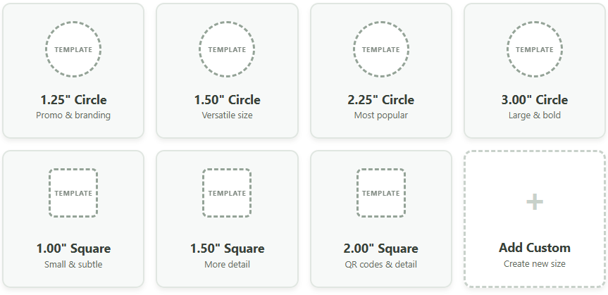 Size selection interface showing standard circle and square sizes