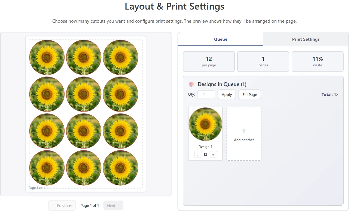 A full letter sheet of cutouts laid out automatically in the page preview