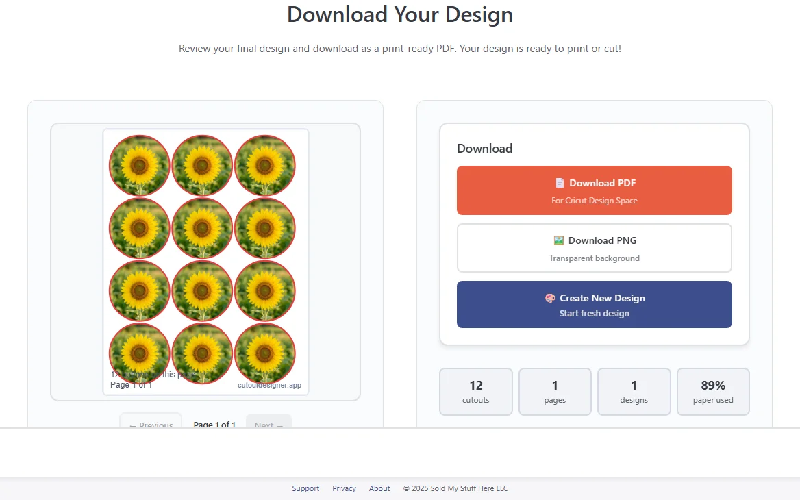 The final print preview with the Download PDF button and paper-usage stats