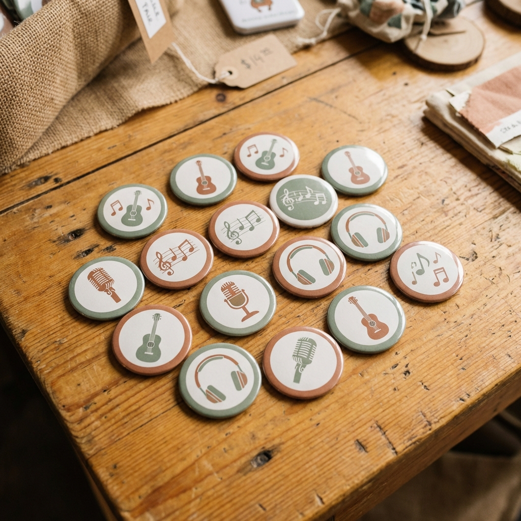 Band merch cutouts on a wooden table