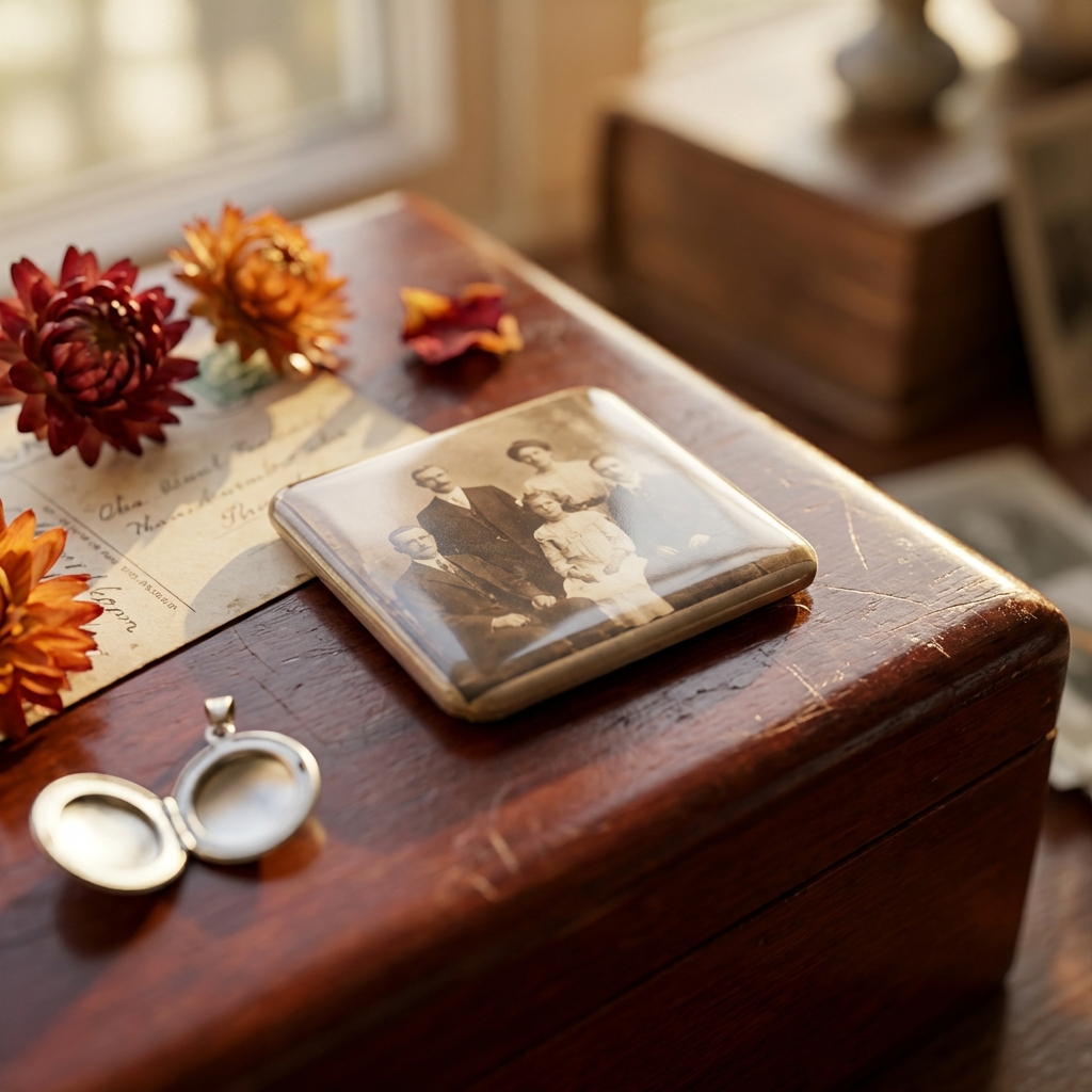 Family photo square cutout on wooden memory box